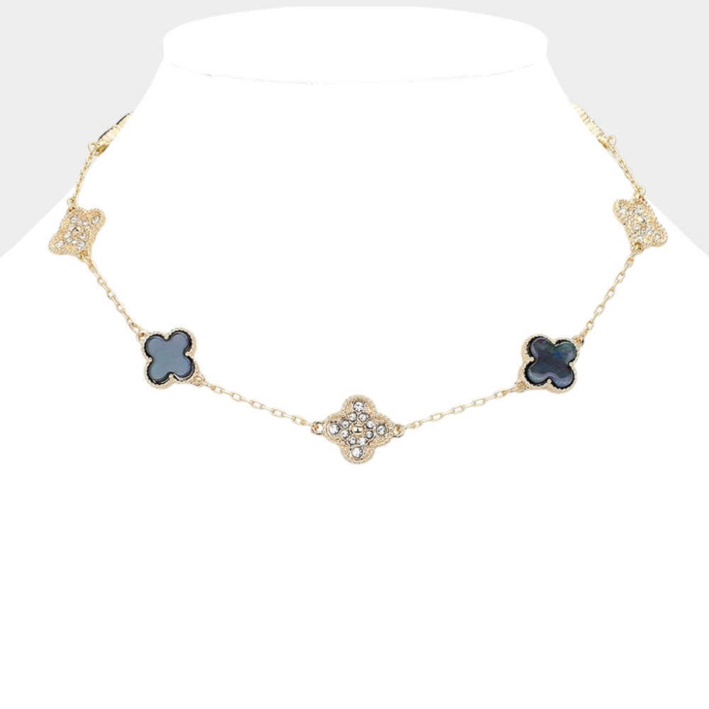 Gray & Gold Crystal Quatrefoil Clover Chain Necklace Station Pendant Everyday